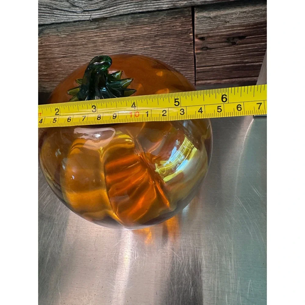 Vintage Blenko Art Glass Pumpkin Amber Topaz Green Stem Hand Blown Fall MCM